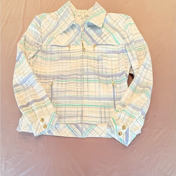 St John Cream/Teal/Blue Watercolor Plaid Gold Zip Jacket Size Large $425 - Picture 3 of 13